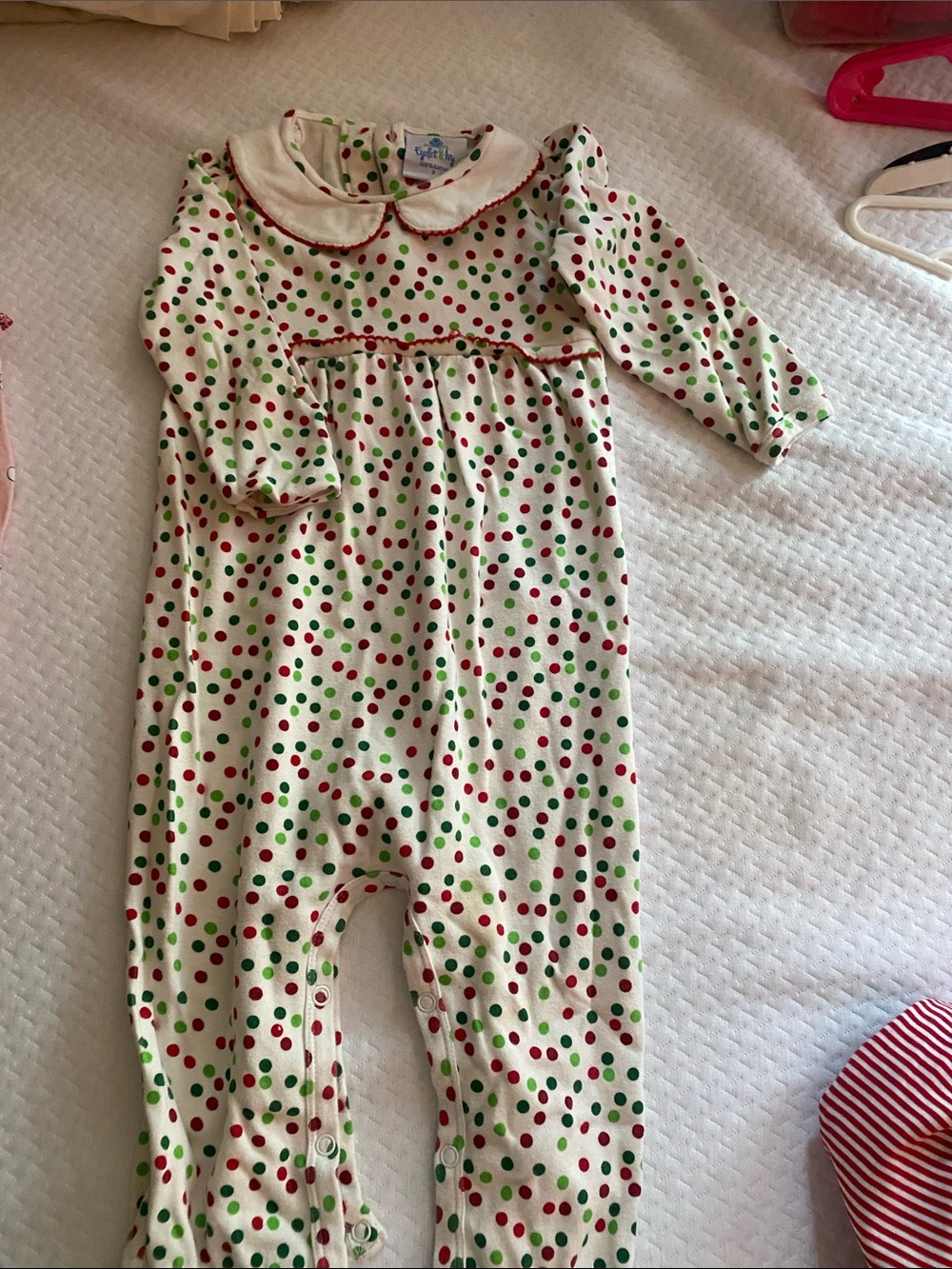 Cream Polka-Dot Footie One-Piece with Red & Green Dots